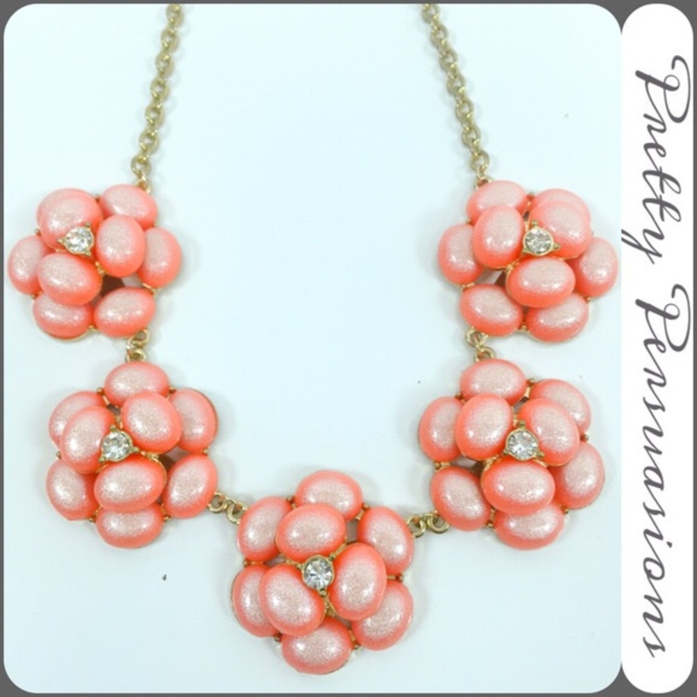 Coral Floral Rhinestone Statement Necklace - Picture 1 of 3